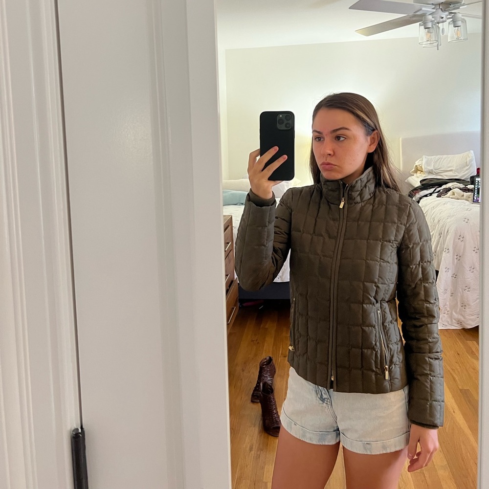 J-Crew Quilted puffer green jacket. Two pockets and gold accents